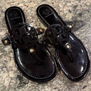 Tory Burch Black Patent Leather Logo Thong Sandals with Gold Accents